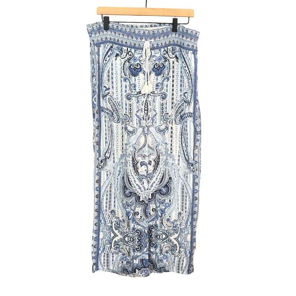 INC Paisley Wide Leg Pants L Blue White Coastal Travel Comfort